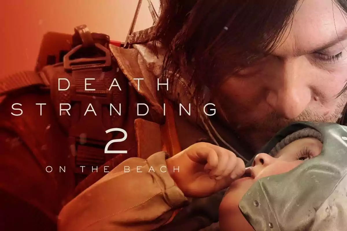 Portada del videojuego Death Stranding 2 On the Beach mostrando a un hombre abrazando a un bebé con un fondo en tonos naranjas. Portada del videojuego Death Stranding 2 On the Beach mostrando a un hombre abrazando a un bebé con un fondo en tonos naranjas.