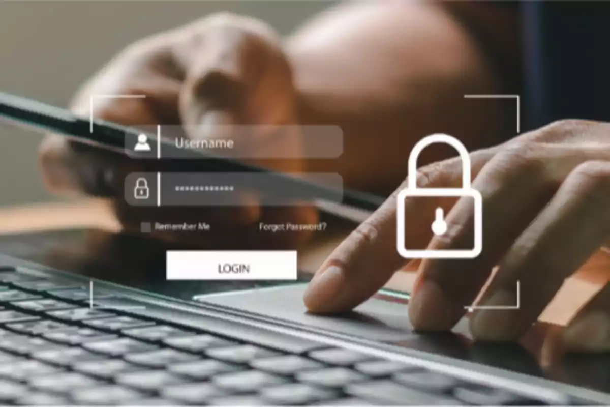 Persona ingresando datos de inicio de sesión en una computadora portátil con íconos de seguridad superpuestos.