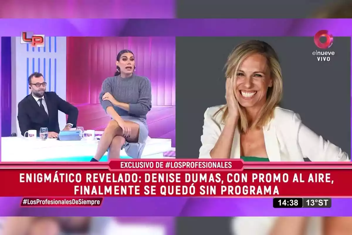 Dos conductores de televisión están en un set con luces violetas y una pantalla muestra la imagen de una mujer rubia sonriendo, junto a un titular que informa sobre la cancelación de un programa. Dos conductores de televisión están en un set con luces violetas y una pantalla muestra la imagen de una mujer rubia sonriendo, junto a un titular que informa sobre la cancelación de un programa.