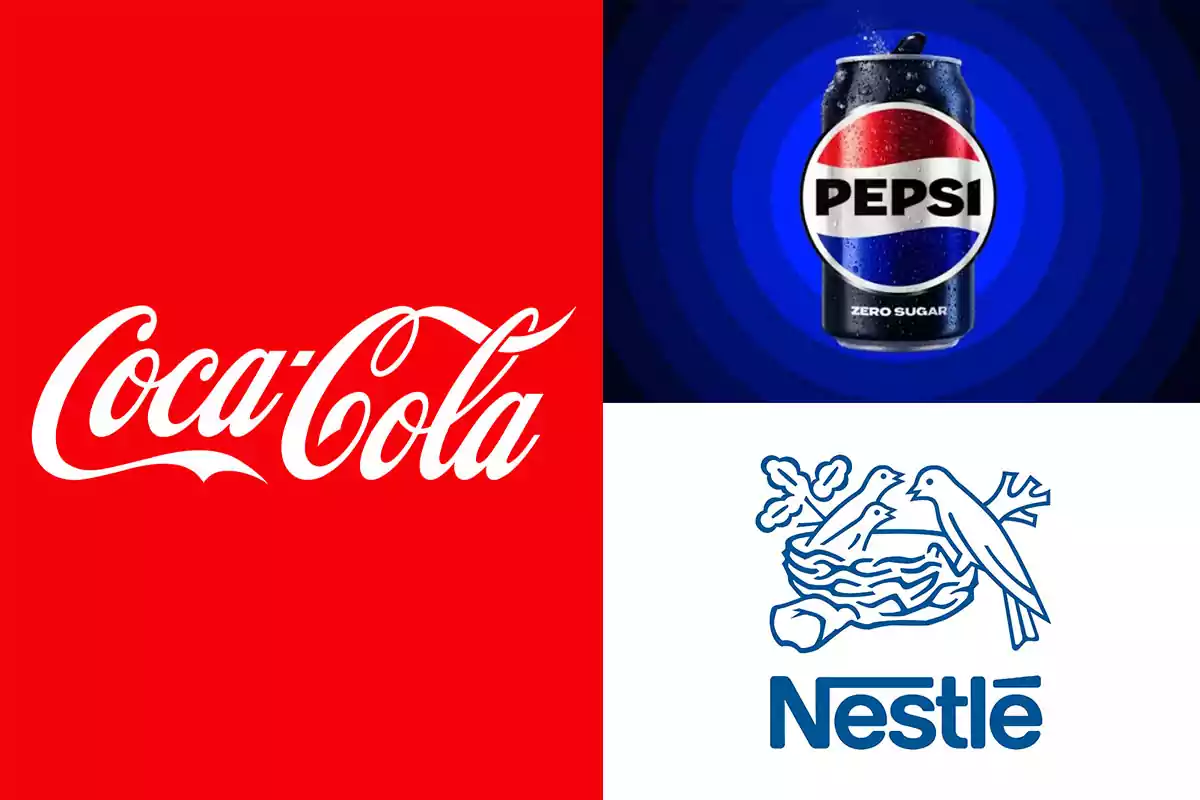 Logotipos de Coca-Cola, Pepsi y Nestlé en un diseño dividido en tres secciones.