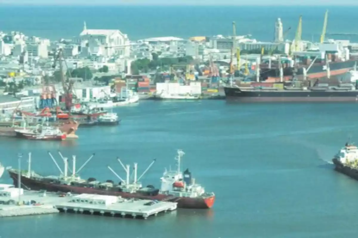 Vista panorámica de un puerto con varios barcos y grúas en el muelle, edificios y el mar al fondo.