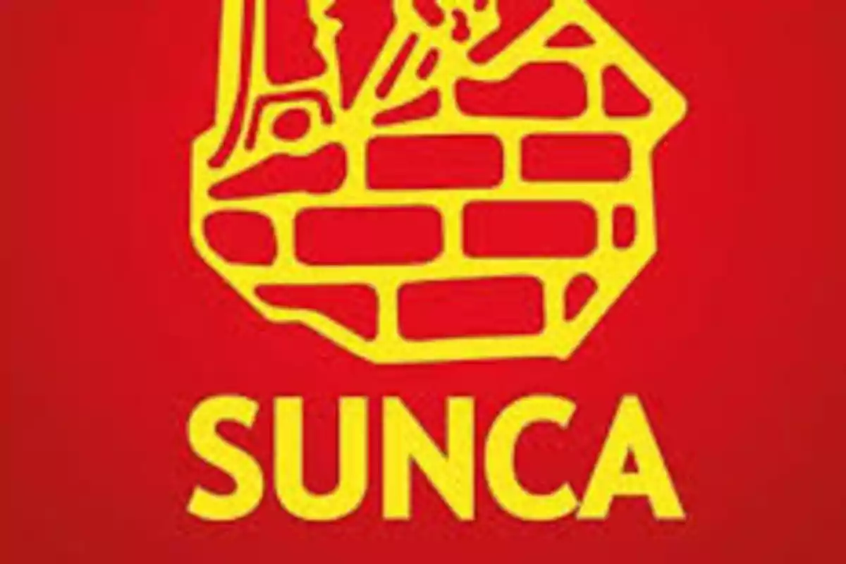 SUNCA logo with a design of bricks and tools in yellow on a red background.