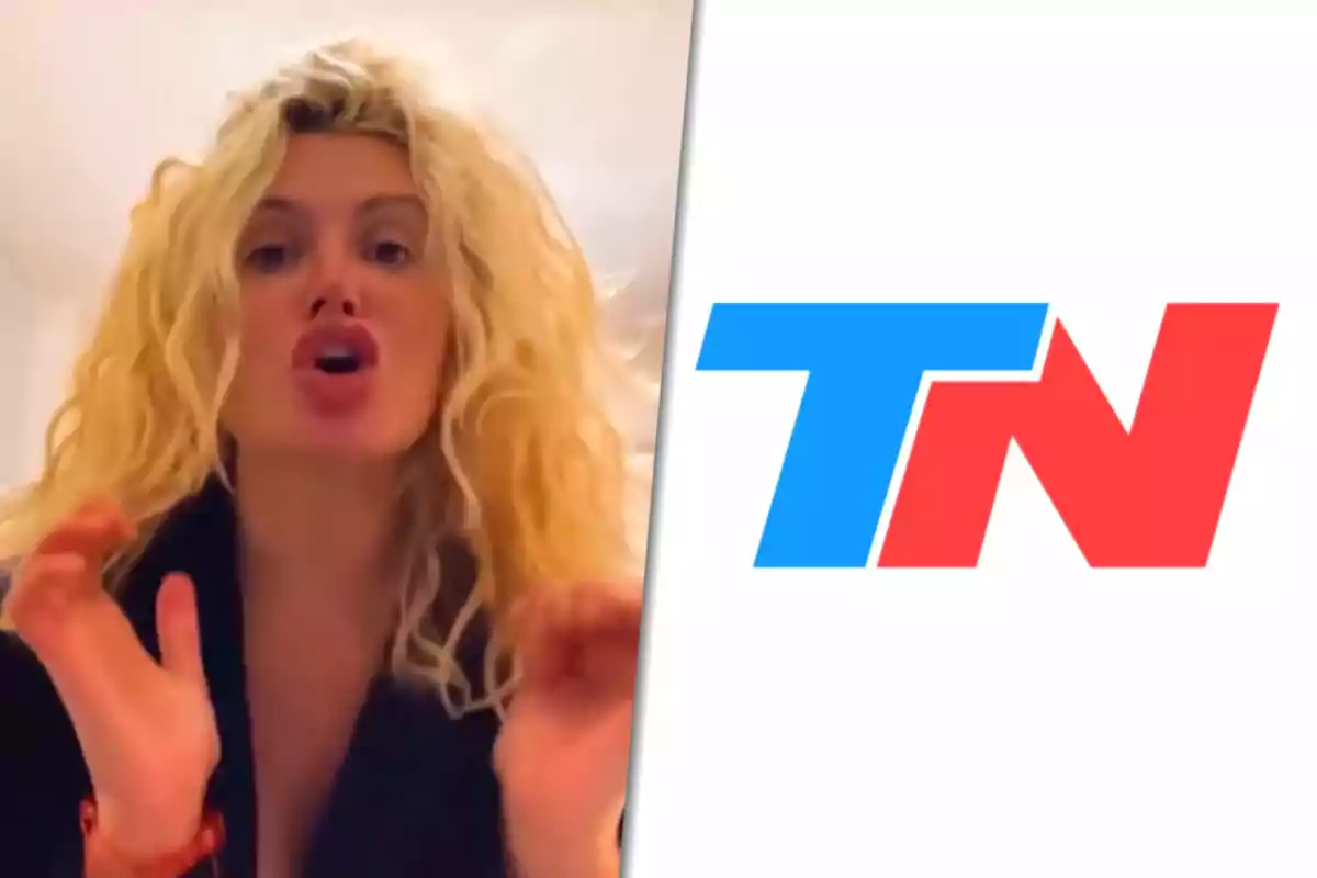 Una persona con cabello rubio rizado gesticulando junto al logo de TN.
