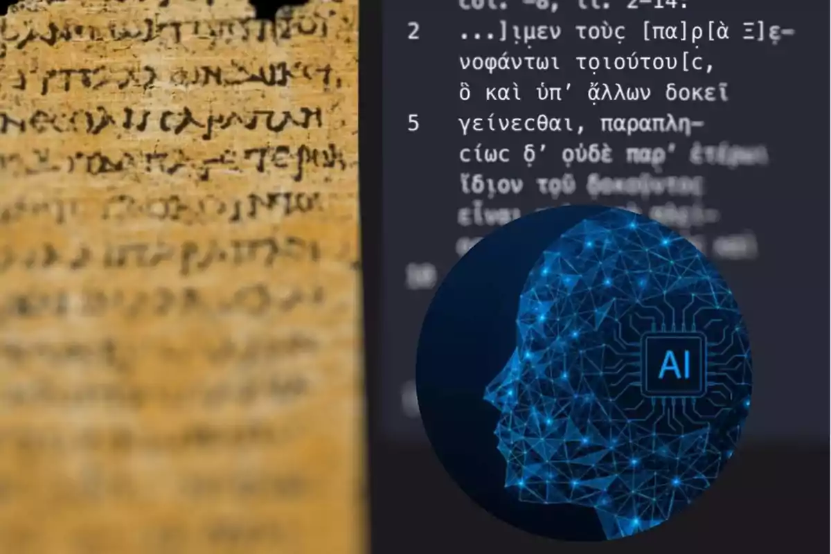 Un manuscrito antiguo con texto en griego a la izquierda y un gráfico digital de un perfil humano con un diseño de red y el símbolo de inteligencia artificial a la derecha.