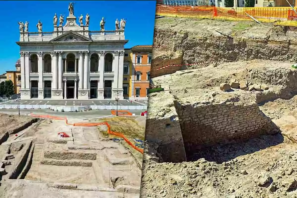 Una iglesia histórica con una fachada ornamentada y una excavación arqueológica en primer plano.