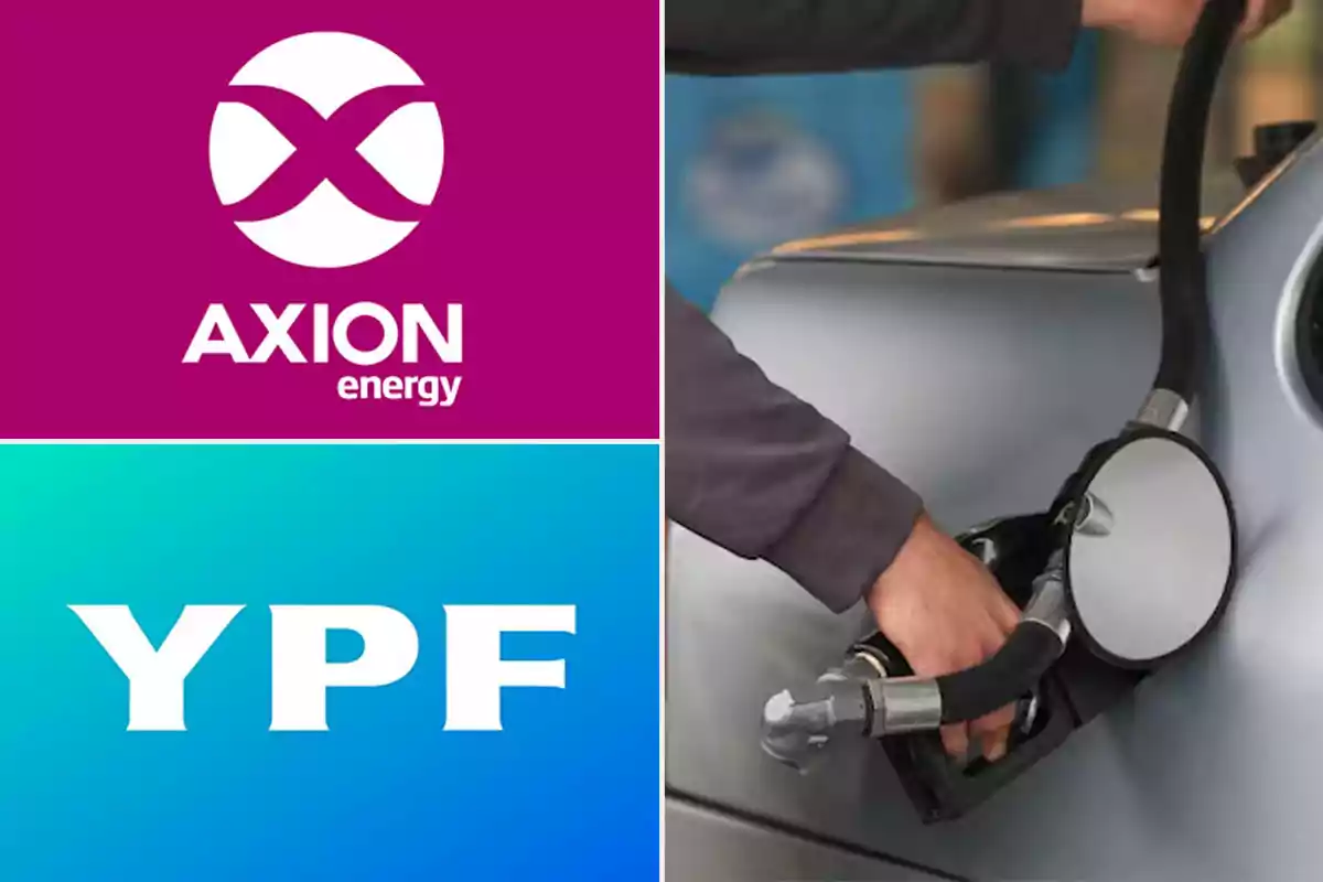 Axion and YPF logos next to a person refueling a car