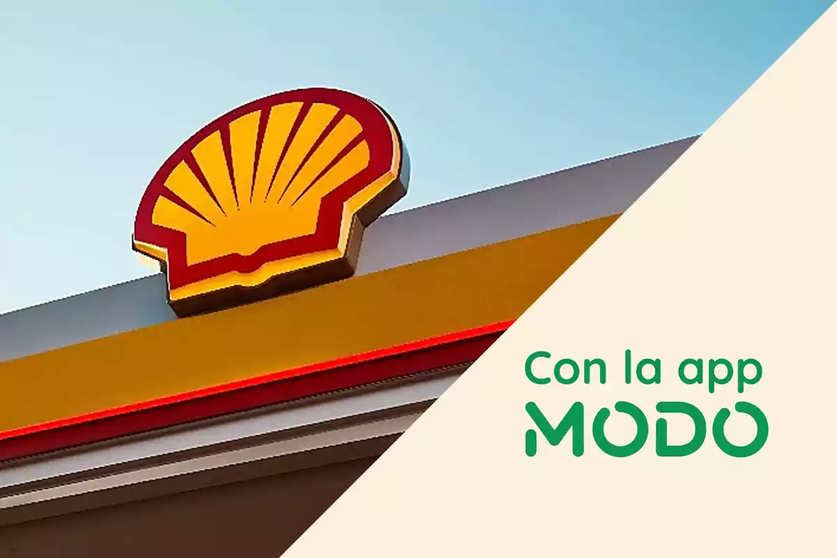 Logotipo de una estación de servicio Shell junto al texto "Con la app MODO" sobre un fondo dividido en dos colores, representando todas las promociones bancarias de combustible para enero de 2025.