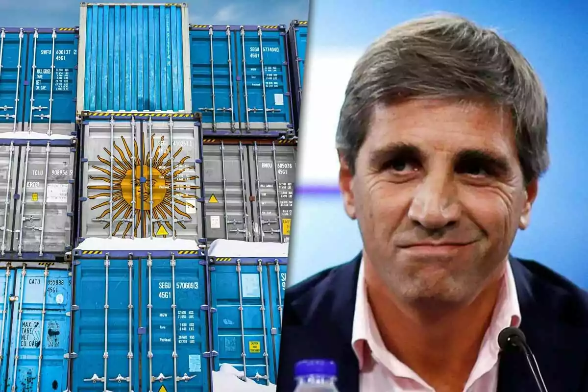 A stack of containers with the sun from the Argentine flag painted on one of them next to Luis Caputo in a conference setting.