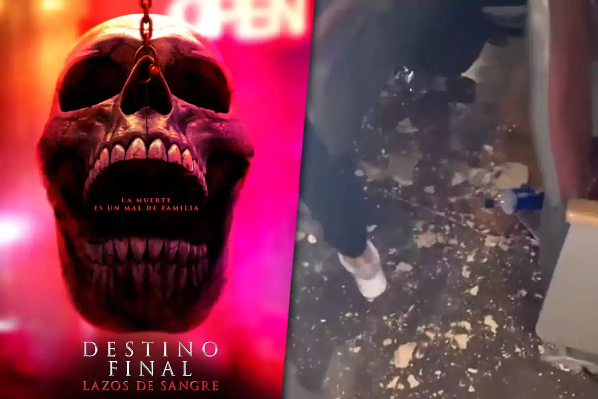 A split image shows on the left a poster with a hanging skull and text on a red background, and on the right a floor covered with debris and a plastic bottle.