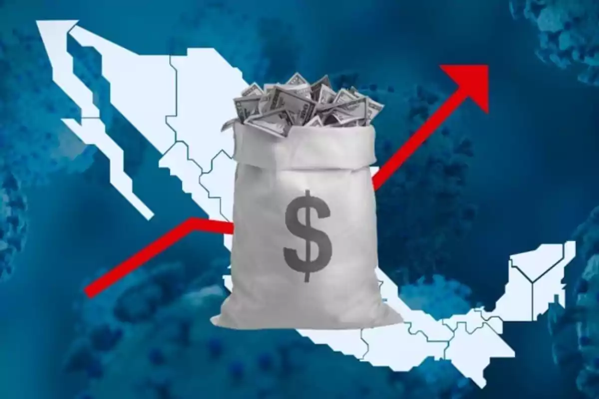 Mapa de México con una flecha roja ascendente y un saco de dinero en primer plano.