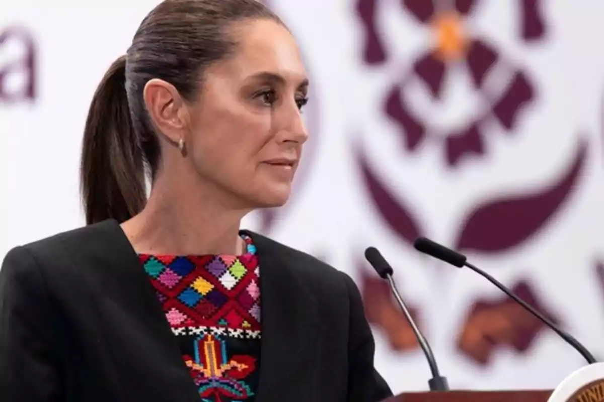 Mujer de perfil con cabello recogido y blusa con bordado colorido hablando en un podio. Mujer de perfil con cabello recogido y blusa con bordado colorido hablando en un podio.