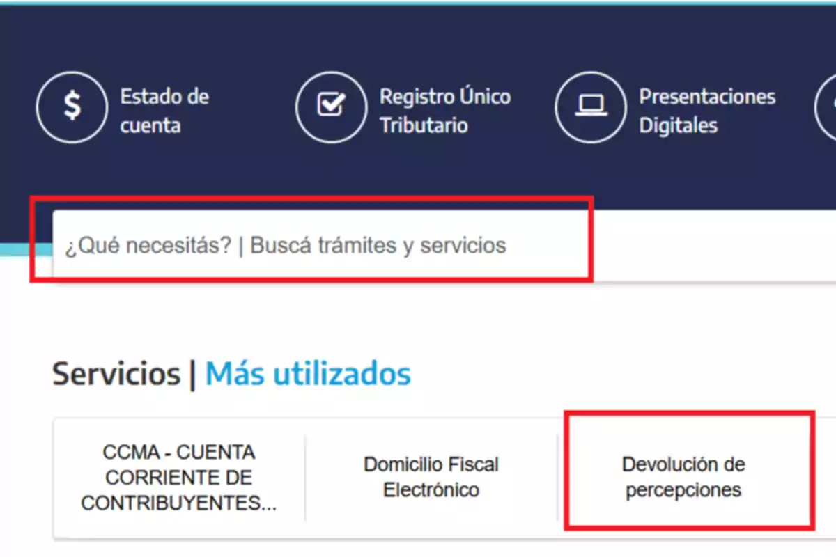 Captura de pantalla de un sitio web con opciones de servicios como estado de cuenta, registro único tributario y presentaciones digitales, además de una barra de búsqueda para trámites y servicios.