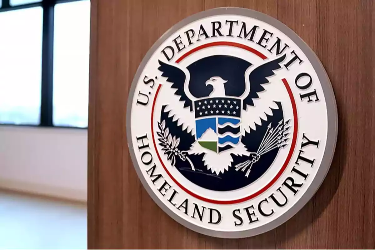 Seal of the United States Department of Homeland Security on a wooden wall