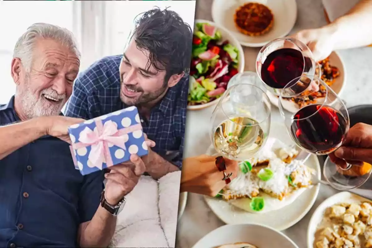An older man receives a gift from a younger man while they smile, and in the other half of the image several people toast with wine glasses over a table with food.