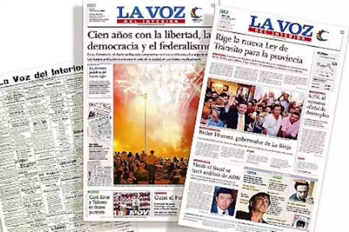 Tres portadas del periódico argentino La Voz del Interior, una en blanco y negro y dos a color, mostrando titulares y fotografías de noticias relevantes