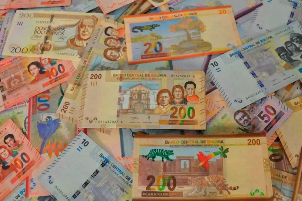 Billetes de diferentes denominaciones del Banco Central de Bolivia esparcidos sobre una superficie, mostrando diseños coloridos y detalles de personajes históricos y fauna local. Billetes de diferentes denominaciones del Banco Central de Bolivia esparcidos sobre una superficie, mostrando diseños coloridos y detalles de personajes históricos y fauna local.