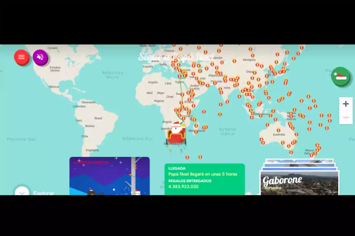 Mapa que muestra la ruta de Papá Noel con múltiples ubicaciones marcadas y un aviso que indica que llegará en unas 5 horas con más de 4 mil millones de regalos entregados.