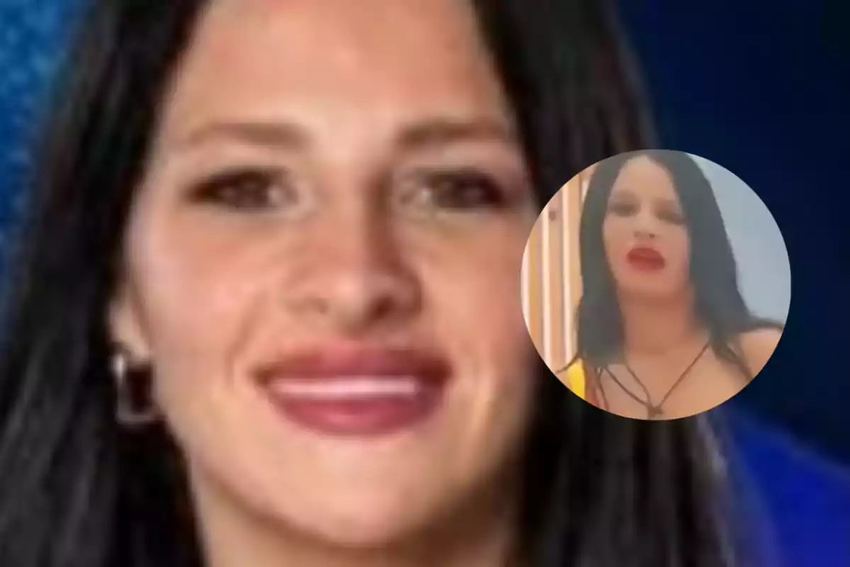 Una persona con cabello oscuro y labios pintados de rojo aparece en primer plano, con un recuadro que muestra una imagen más pequeña de la misma persona en un contexto diferente.