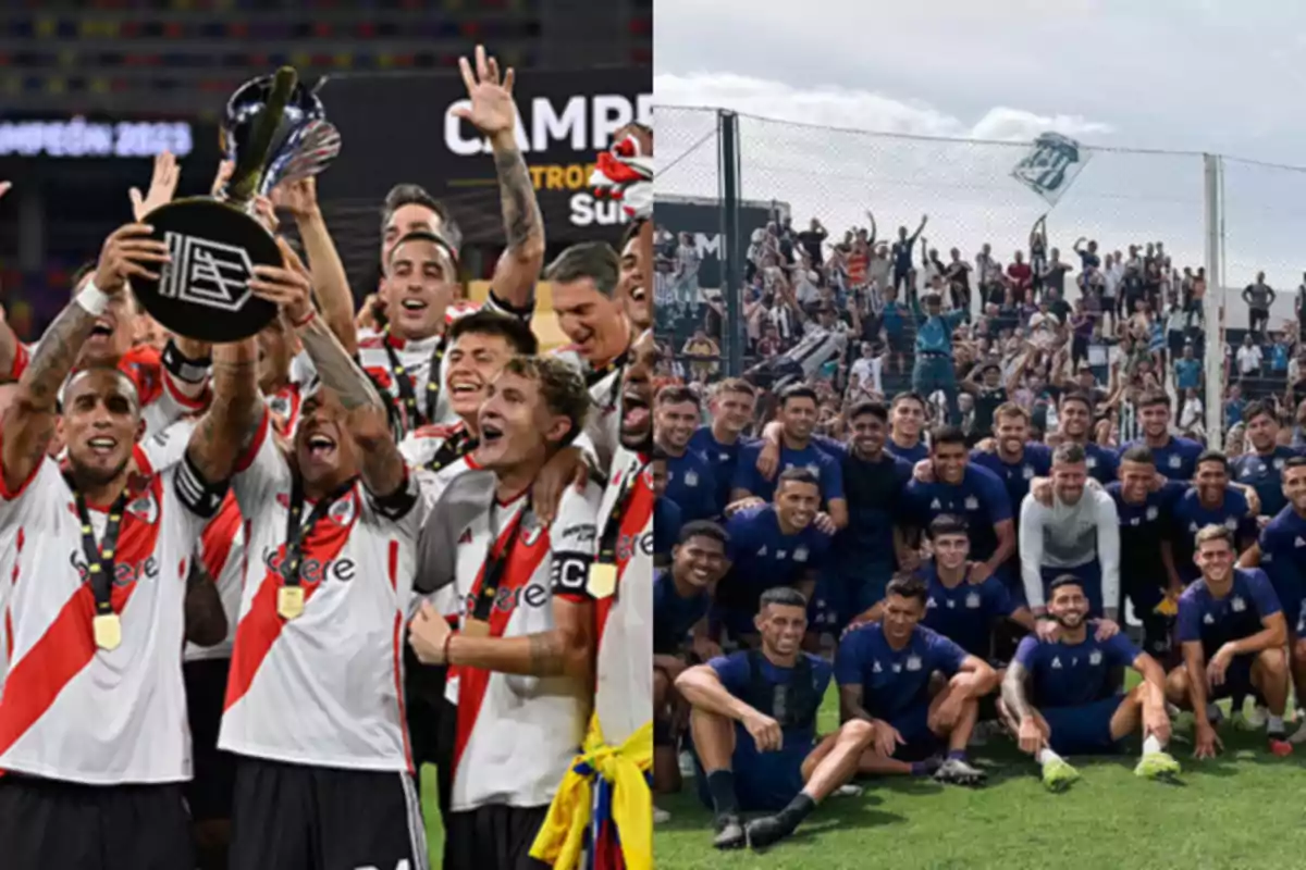 Jugadores de un equipo de fútbol celebran con un trofeo mientras otro grupo posa para una foto con aficionados en el fondo.