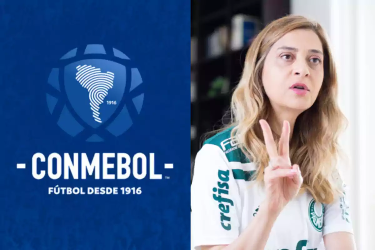 Una imagen dividida en dos partes: a la izquierda, el logotipo de la CONMEBOL con el texto "Fútbol desde 1916" sobre un fondo azul; a la derecha, una persona con una camiseta de fútbol blanca y verde haciendo un gesto con la mano.