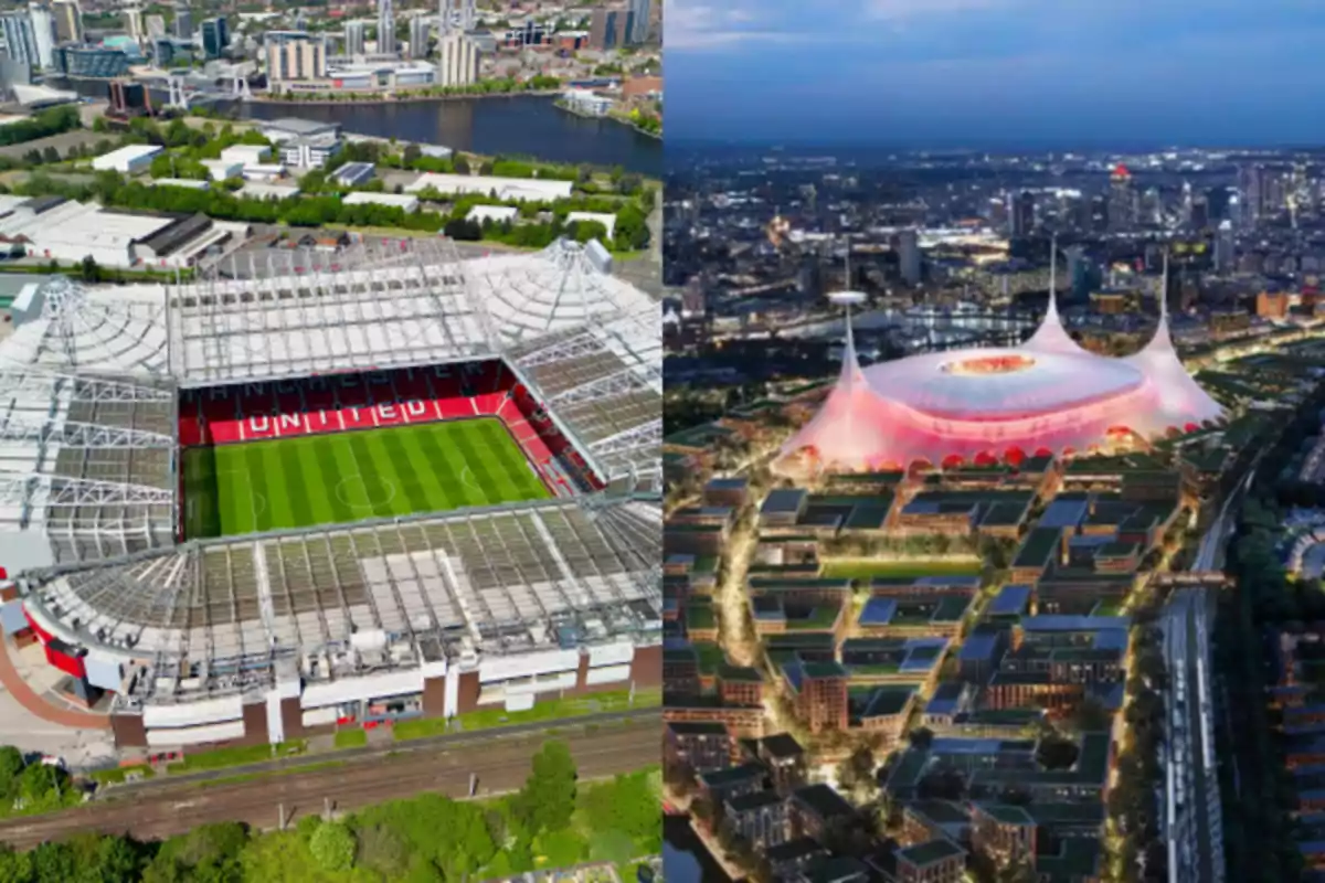 Vista aérea de dos estadios de fútbol, uno a la izquierda con el campo visible y otro a la derecha iluminado en tonos rosados, rodeados de áreas urbanas.