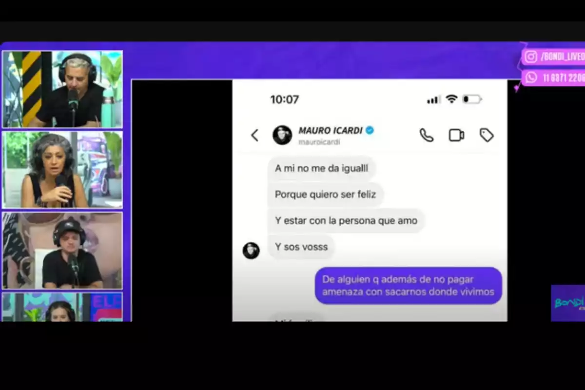 Una transmisión en vivo muestra a cuatro personas en un estudio de radio, mientras en la pantalla se ve una conversación de mensajes directos de Instagram entre Mauro Icardi y otra persona.