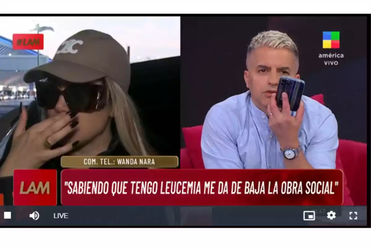 Una persona con gafas de sol y gorra aparece en una videollamada en un programa de televisión mientras un presentador sostiene un teléfono.