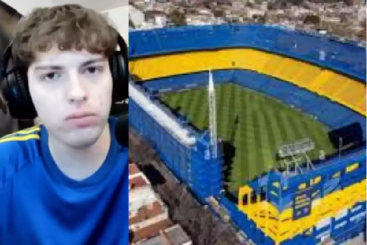 A young man with headphones and a blue t-jersey next to an aerial image of a soccer stadium with blue and yellow stands.