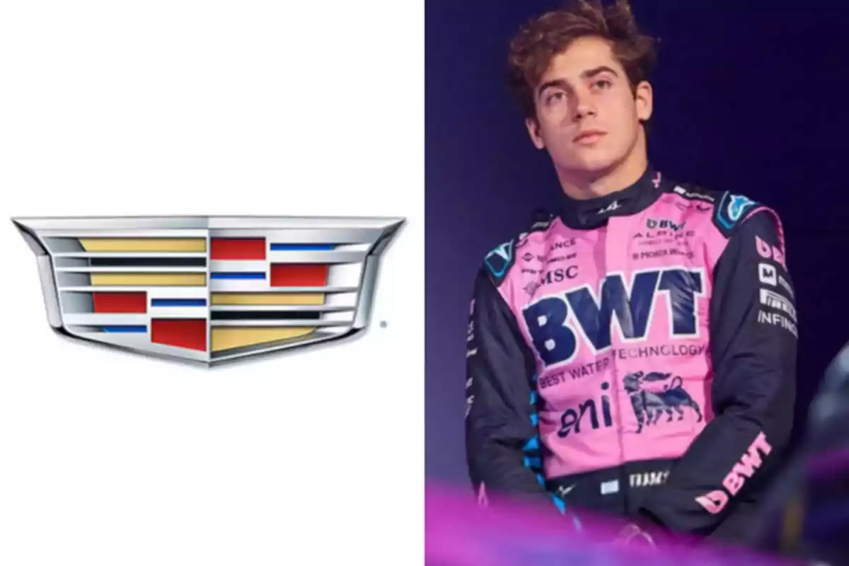 Cadillac logo on the left and a person in a pink and black BWT racing suit on the right.