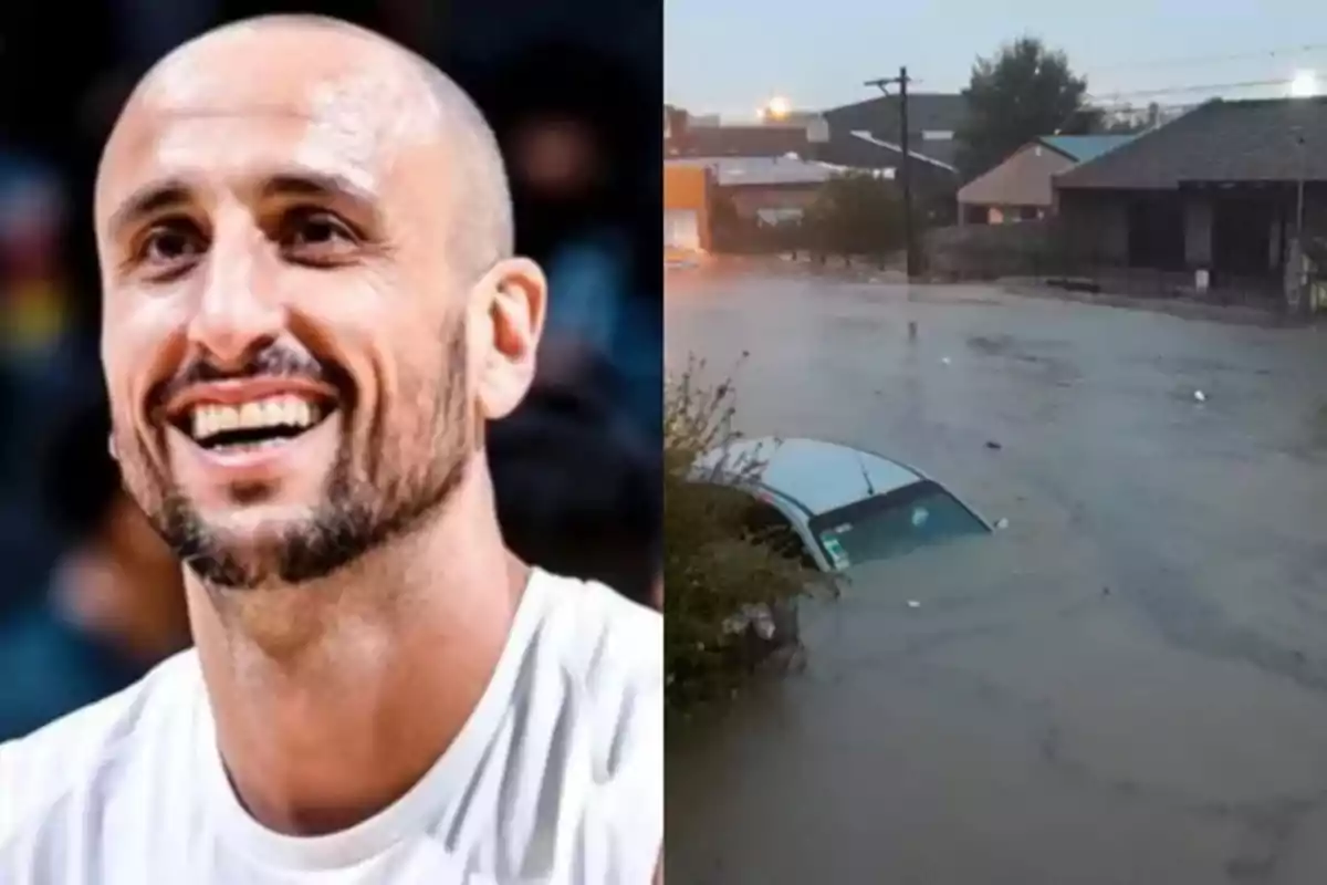 A smiling man on the left and a flooded street with a submerged car on the right.