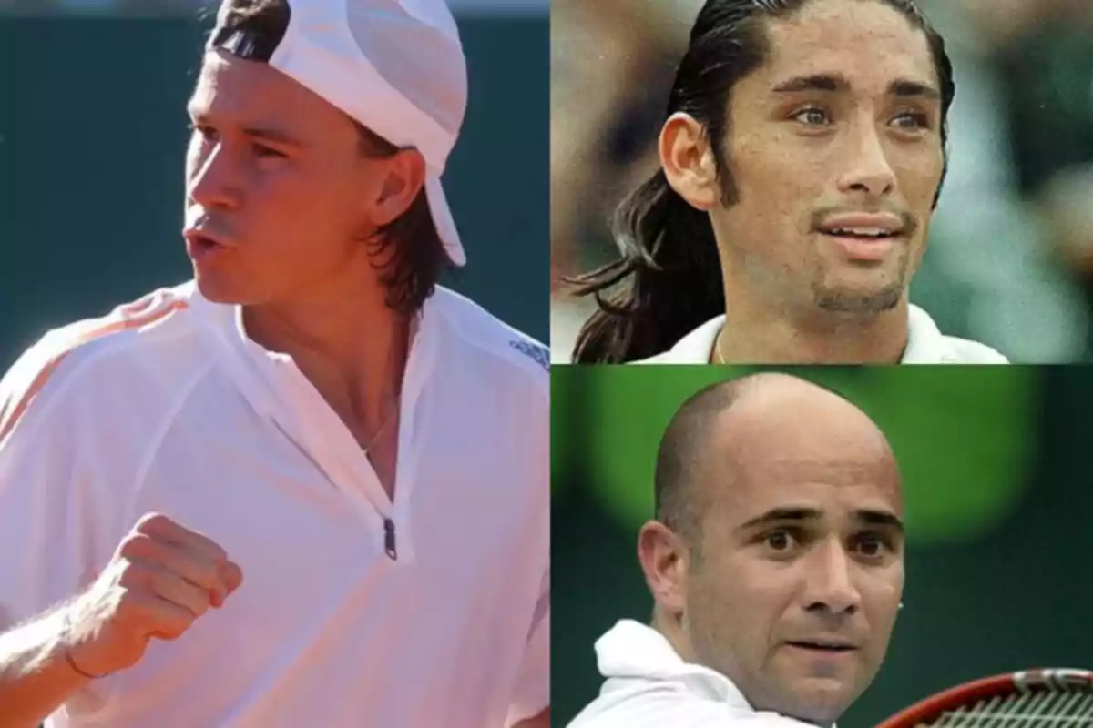 Tres jugadores de tenis en diferentes momentos de un partido, cada uno con expresiones de concentración y esfuerzo.