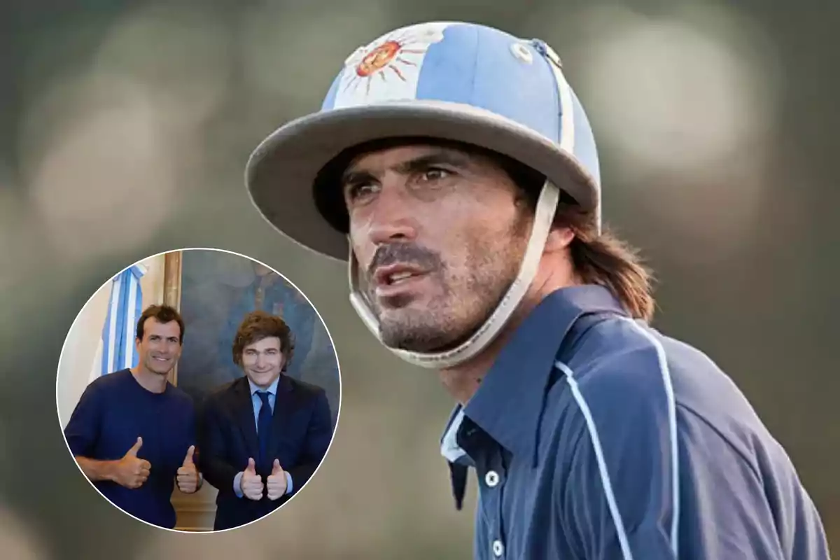 Un jugador de polo con casco azul y blanco con un sol en la parte superior y una imagen insertada de dos personas sonriendo y levantando los pulgares.