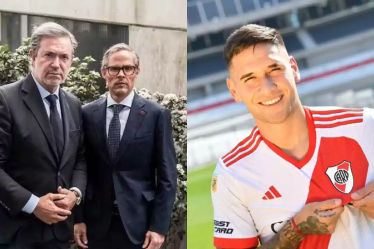 Dos hombres de traje posan juntos al aire libre mientras que a la derecha un hombre sonríe vistiendo una camiseta de fútbol con el escudo de River Plate.