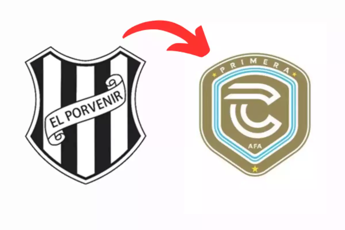 Club El Porvenir crest next to a Primera AFA emblem with a red arrow pointing toward the emblem.