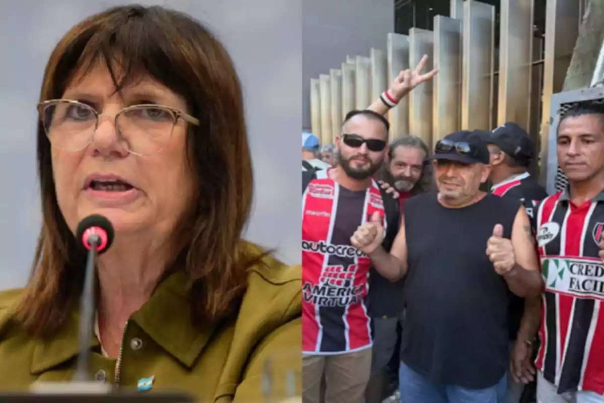 Una mujer hablando frente a un micrófono y un grupo de personas posando juntas, algunas con camisetas deportivas.