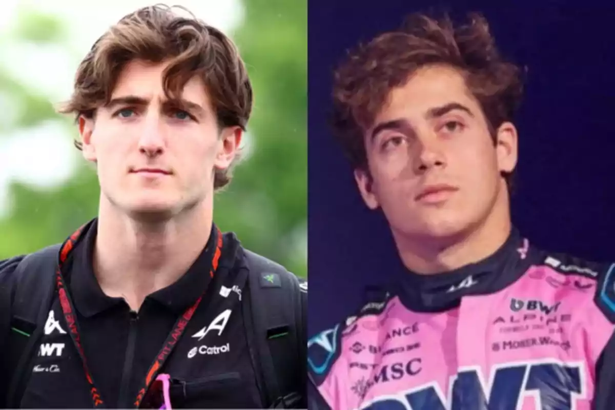 Two young men with brown hair, one wearing a black jacket with logos and the other dressed in a pink and blue racing suit with various sponsors.