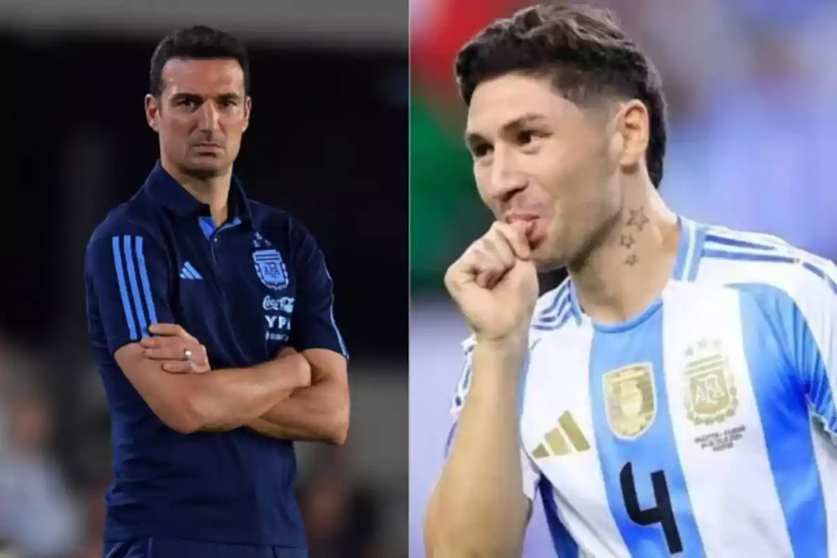 Dos hombres con uniformes de la selección argentina de fútbol, uno con los brazos cruzados y el otro celebrando.