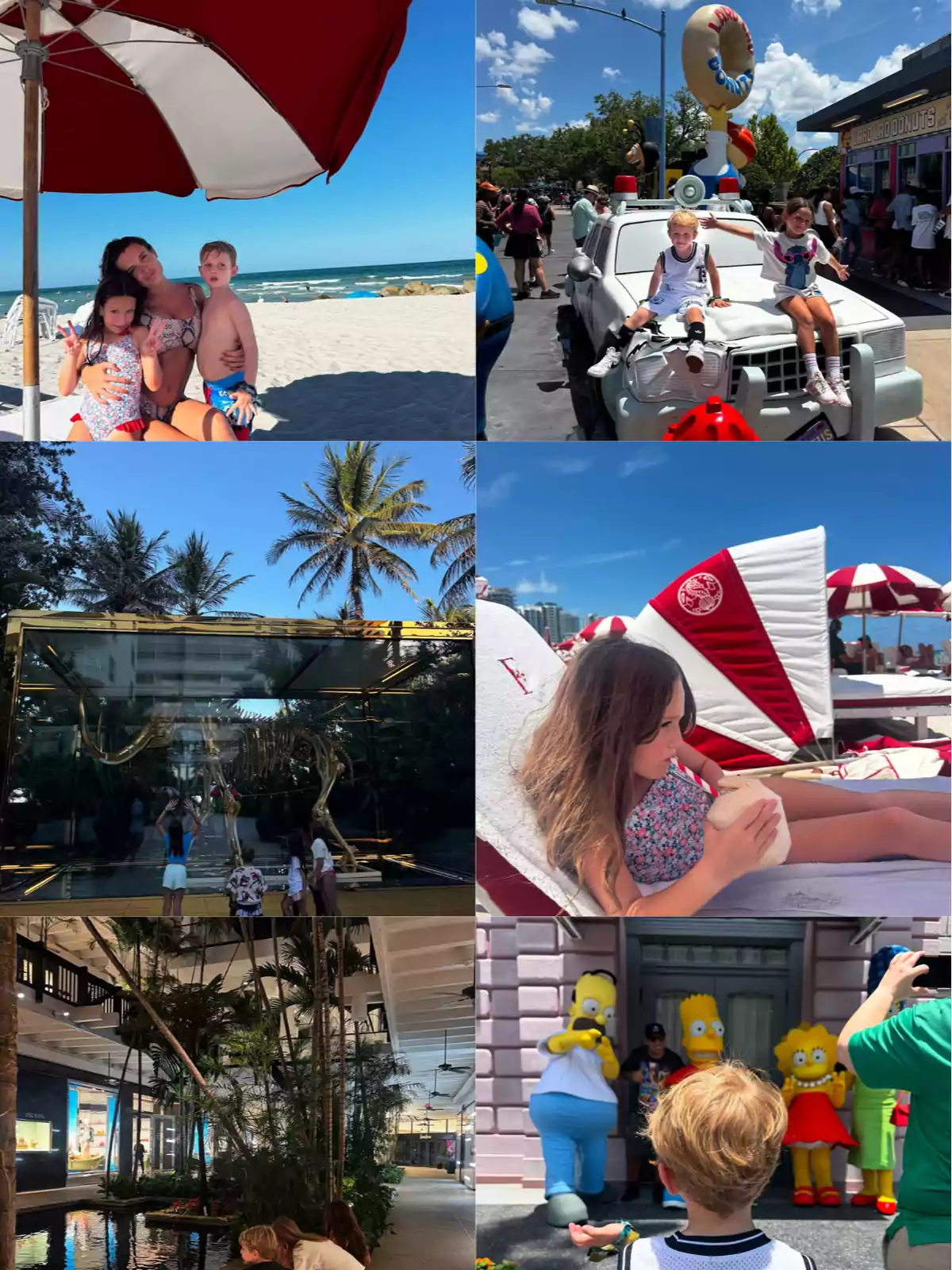 Collage de fotos familiares en la playa, en un parque temático con personajes de Los Simpson, en un centro comercial con vegetación y junto a un esqueleto de dinosaurio, disfrutando de actividades al aire libre y momentos de diversión Collage de fotos familiares en la playa, en un parque temático con personajes de Los Simpson, en un centro comercial con vegetación y junto a un esqueleto de dinosaurio, disfrutando de actividades al aire libre y momentos de diversión