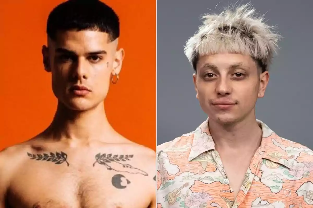 Dos personas posando, una con fondo naranja y tatuajes en el pecho, la otra con cabello rubio desordenado y camisa colorida.