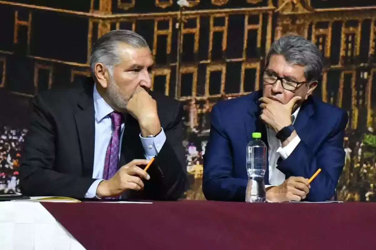 Dos hombres con traje y corbata están sentados en una mesa, ambos pensativos y sosteniendo un bolígrafo, con una botella de agua sobre la mesa y un fondo de edificio iluminado. Dos hombres con traje y corbata están sentados en una mesa, ambos pensativos y sosteniendo un bolígrafo, con una botella de agua sobre la mesa y un fondo de edificio iluminado.