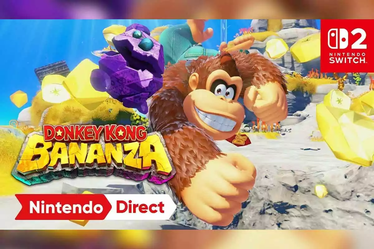 Smiling Donkey Kong in a colorful setting with yellow gems and a logo that says Donkey Kong Bananza next to the Nintendo Direct announcement and the Nintendo Switch 2 logo Smiling Donkey Kong in a colorful setting with yellow gems and a logo that says Donkey Kong Bananza next to the Nintendo Direct announcement and the Nintendo Switch 2 logo