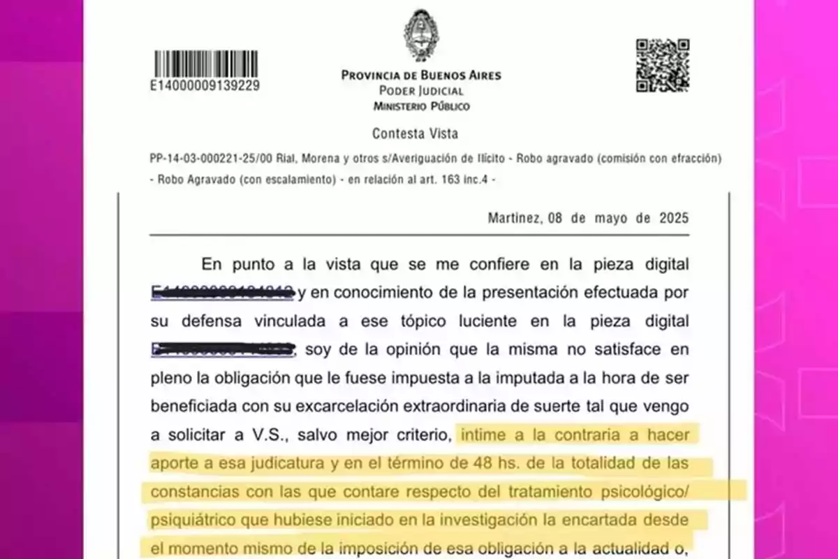 La imagen muestra un documento oficial del Poder Judicial de la Provincia de Buenos Aires, relacionado con un caso de robo agravado. El texto menciona una solicitud para que la parte contraria aporte documentación sobre un tratamiento psicológico o psiquiátrico en un plazo de 48 horas. La imagen muestra un documento oficial del Poder Judicial de la Provincia de Buenos Aires, relacionado con un caso de robo agravado. El texto menciona una solicitud para que la parte contraria aporte documentación sobre un tratamiento psicológico o psiquiátrico en un plazo de 48 horas.