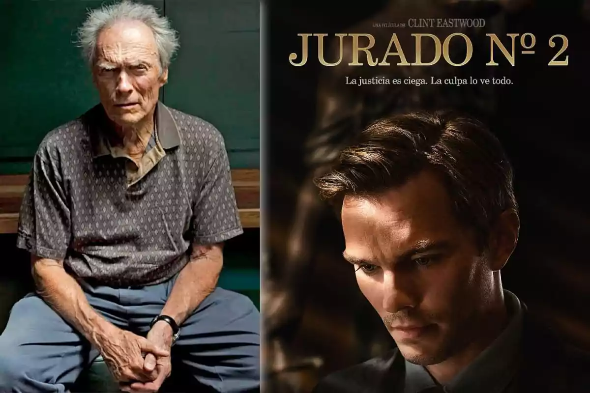 Clint Eastwood sentado con expresión seria junto a un póster de una película titulada "Jurado Nº 2" con el lema "La justicia es ciega. La culpa lo ve todo".