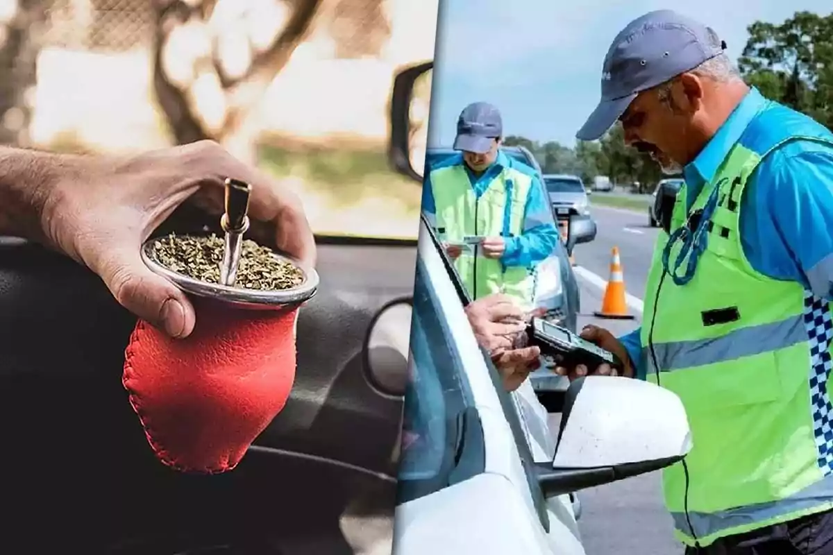 A hand holds a mate inside a car while in the other part of the image a traffic officer conducts a check on a driver on the highway.