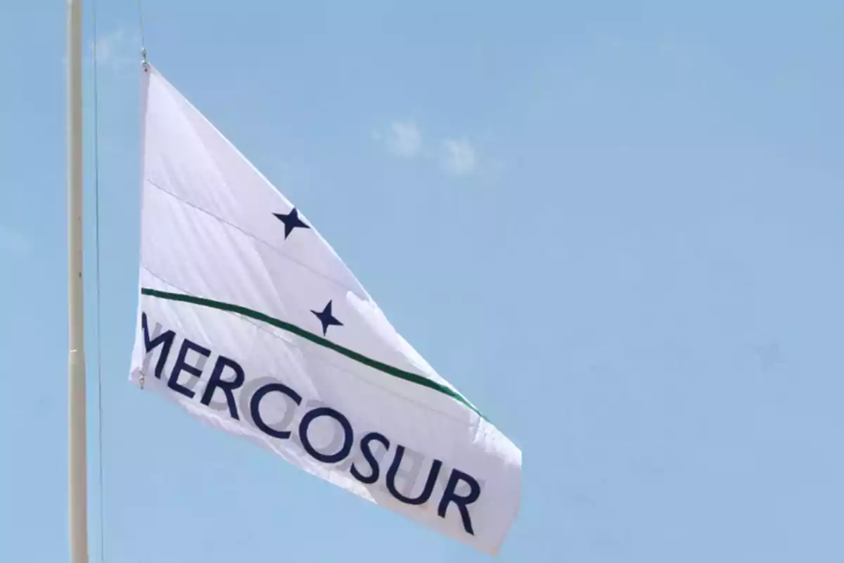 Bandera del Mercosur ondeando en un mástil bajo un cielo despejado.