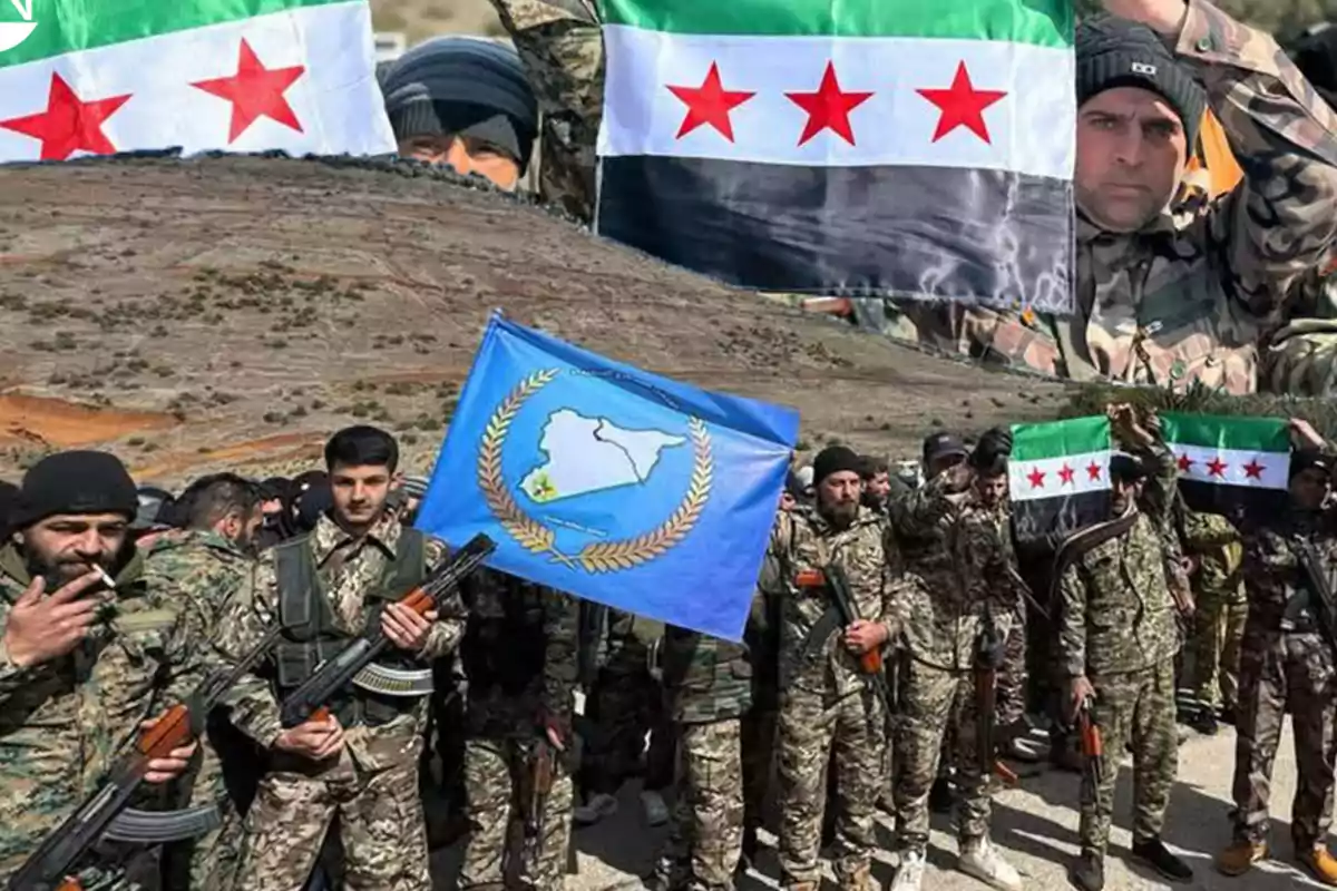 Group of people in military uniform holding flags in a mountainous landscape.