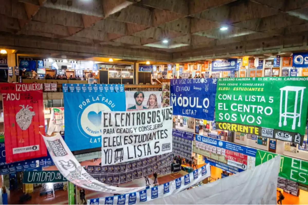 Interior of a faculty building with numerous posters and flags from different student groups hanging on various levels of the building Interior of a faculty building with numerous posters and flags from different student groups hanging on various levels of the building