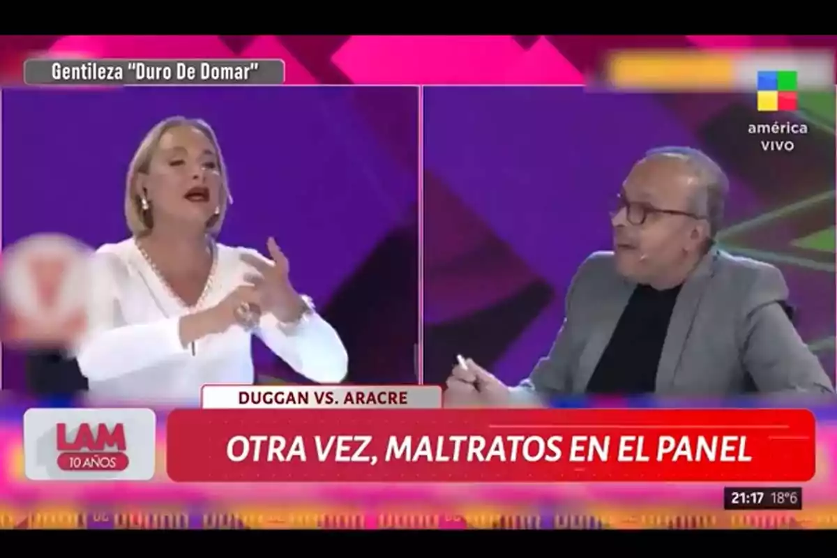 In the image, two people are seen participating in a televised debate, with a caption that reads In the image, two people are seen participating in a televised debate, with a caption that reads