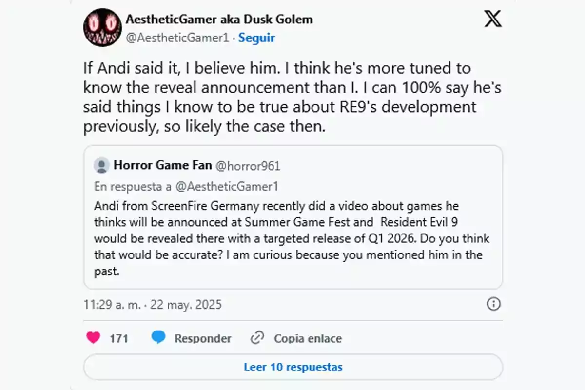 Twitter post where a user asks about the possible reveal of Resident Evil 9 at the Summer Game Fest, and another user replies trusting the information given by Andi, mentioning that she has been accurate in the past about the game's development. Twitter post where a user asks about the possible reveal of Resident Evil 9 at the Summer Game Fest, and another user replies trusting the information given by Andi, mentioning that she has been accurate in the past about the game's development.