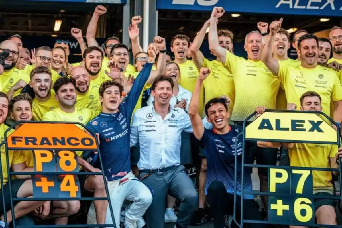 A group of smiling people enthusiastically celebrates, some wearing yellow jerseys and others in racing attire, holding signs with names and positions. A group of smiling people enthusiastically celebrates, some wearing yellow jerseys and others in racing attire, holding signs with names and positions.